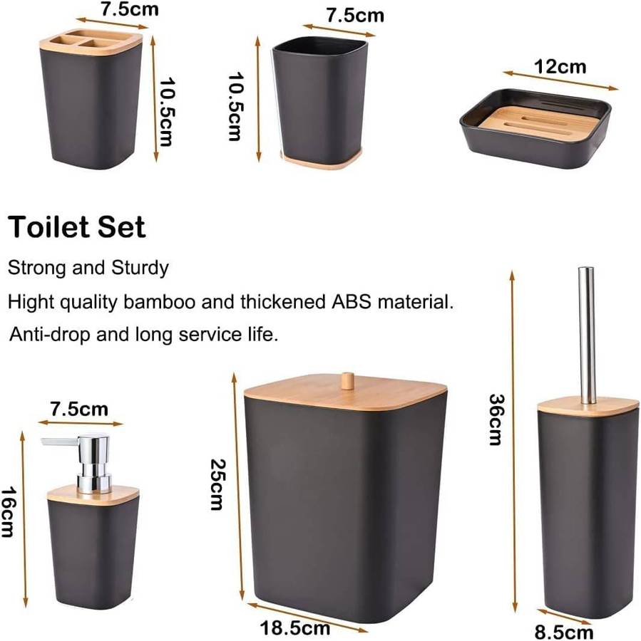 Luxury 6-Piece bathroom accessories set with bamboo accents - Modern black and wood design