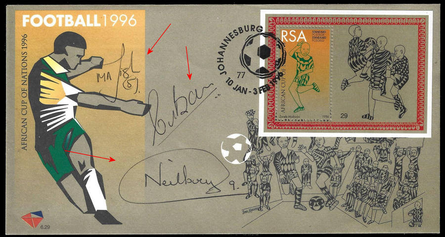 1996 SIGNED CARD 6.29 by Mark Fish, Clive Barker the coach, Neil Tovey the Captain, Scarce