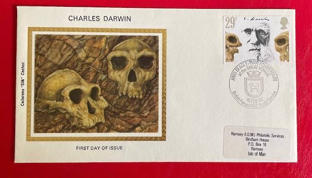 FDC - CHARLES DARWIN 1982 - COLORANO SILK CACHET - SHREWSBURY -29 PENCE - SKULLS