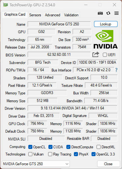 NVIDIA GeForce GTS 250 512 MB 256 bit GDDR3 Graphics Card - Directx 10.0, CUDA 1.1 OpenGL 3.3