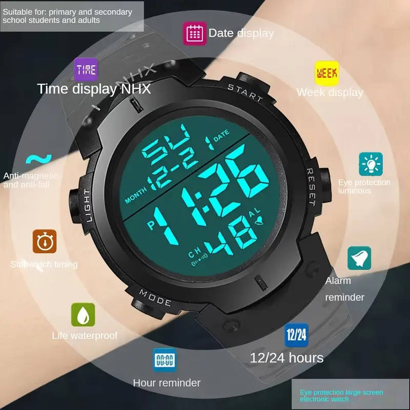 Sports Digital Watch with Luminous Display, Stopwatch & Alarm Features