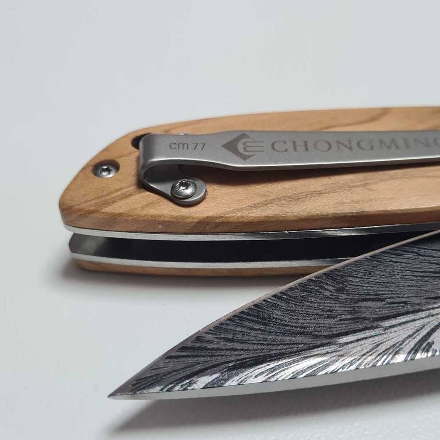 CHONGMING Black Titanium Feather Pattern Blade Folding Knife