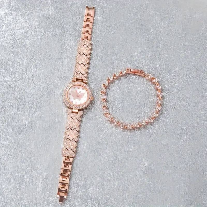 2 Pcs/Set Elegant Ladies' Quartz Wrist Watch & Shiny Versatile Rhinestone Bracelet