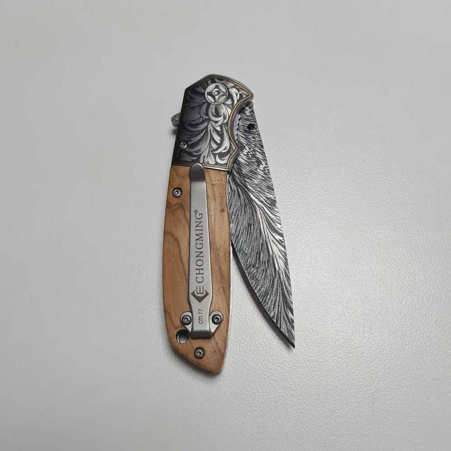 CHONGMING Black Titanium Feather Pattern Blade Folding Knife