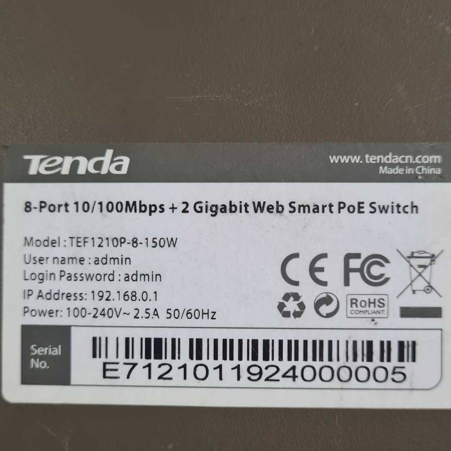 Tenda 8 Port Fast Ethernet 2GE+2SFP Web Smart 123W PoE Switch