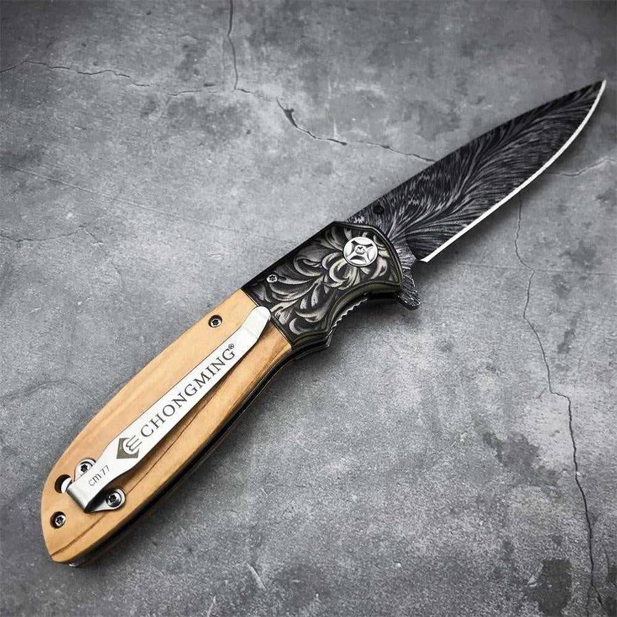 CHONGMING Black Titanium Feather Pattern Blade Folding Knife