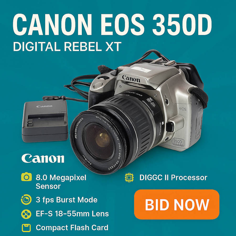 Canon Dslr Camera with original charger, battery and Canon EF-S 1855mm f/3.55.6 kit lens.
