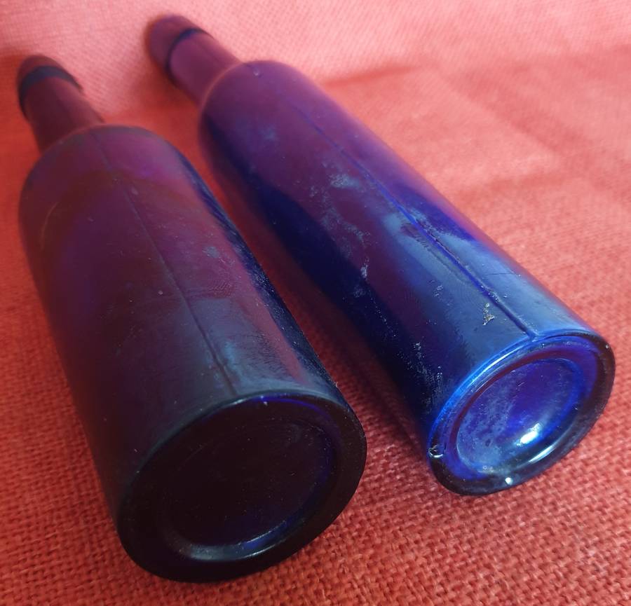 2 x very old cobalt blue castor oil bottles