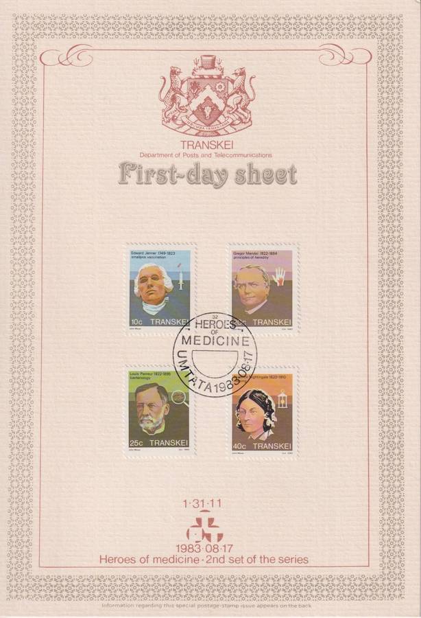 First Day Sheet Transkei 1983 Famous People of Medicine