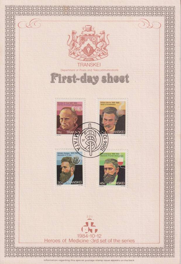 First Day Sheet Transkei 1984 Famous People of Medicine