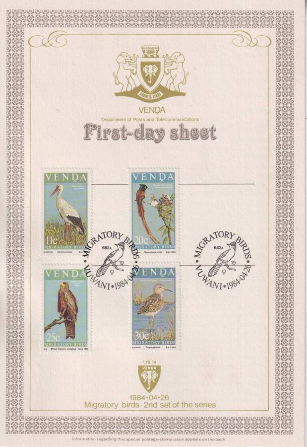 First Day Sheet Venda 1984 Migratory Birds