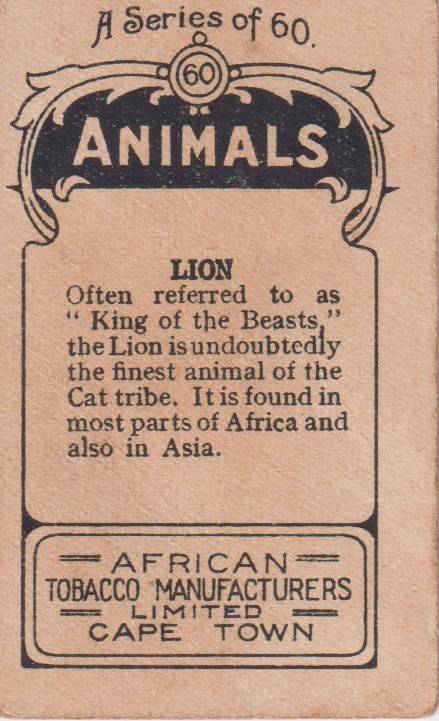 Cigarette Card  Africa Tabaco manufactures Limited Cape Town Animal 60