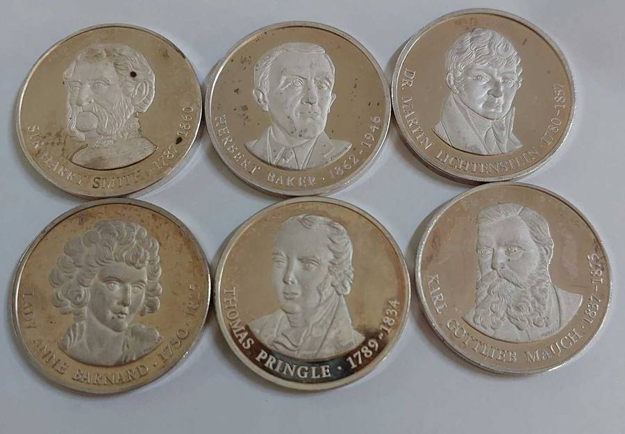 6 x 925 Sterlling Silver coins Pioneers of Southern Africa Historical Mint  1 Bidder take them all