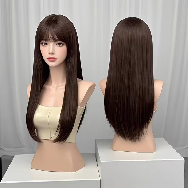 66.04cm dark brown wig with bangs for women with long straight hair for daily use