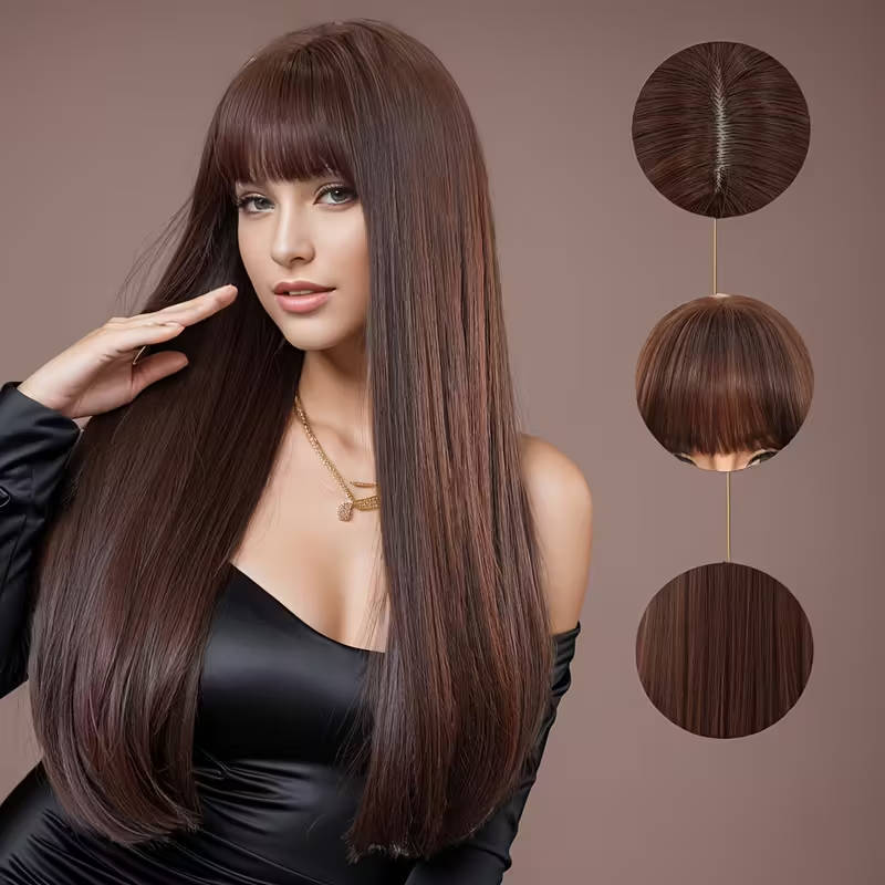 66.04cm dark brown wig with bangs for women with long straight hair for daily use