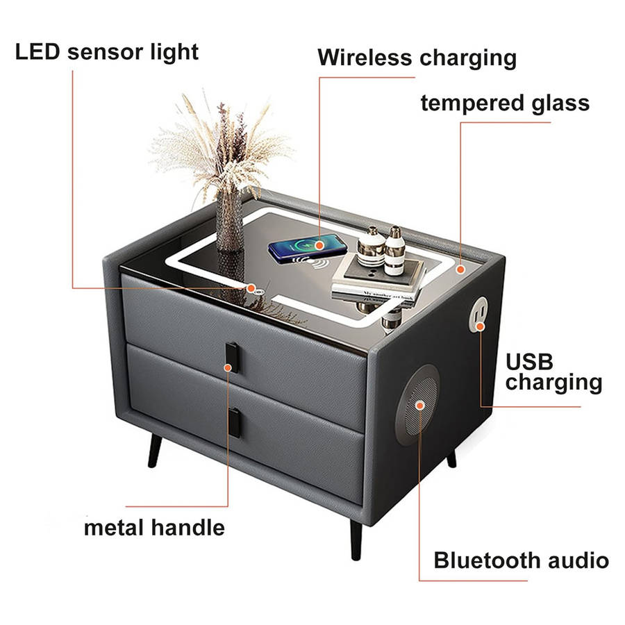 Modern multifunctional bedside table bedroom nightstand with bluetooth speaker wireless charging