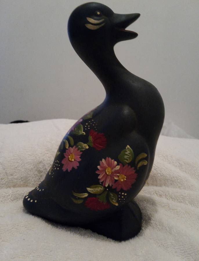 Vintage Ceramic Gray-Blue Duck With Hand Painted Flowers Decor Figurant