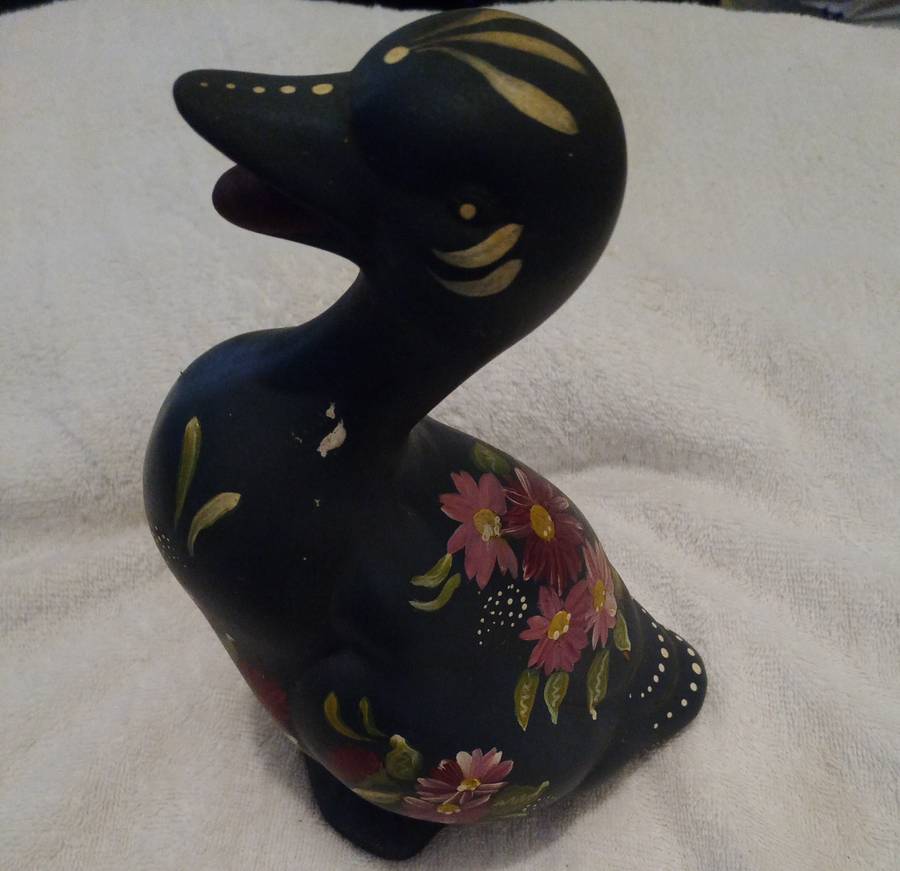 Vintage Ceramic Gray-Blue Duck With Hand Painted Flowers Decor Figurant