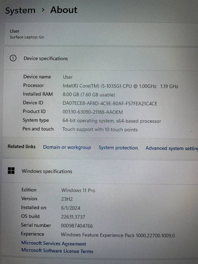 Microsoft Surface Laptop Go - i5 - 1035G1 CPU - 8 GB - RAM - 256 GB SSD