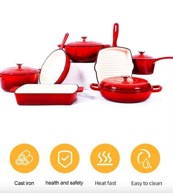 11 Piece Enameled Cast Iron Modern Non-Stick Cookware Set Red