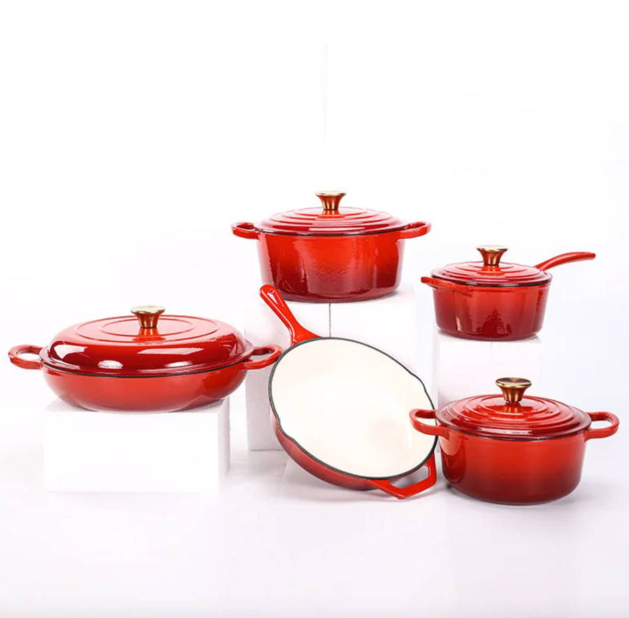 11 Piece Enameled Cast Iron Modern Non-Stick Cookware Set Red