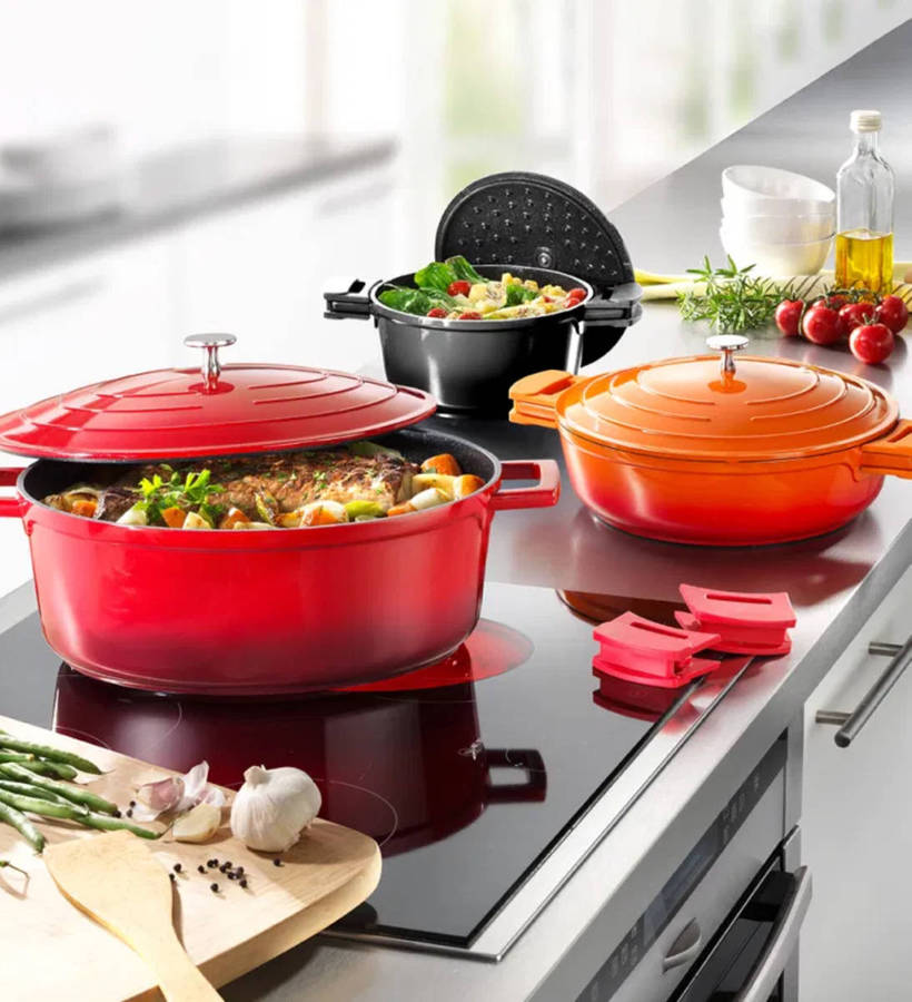 11 Piece Enameled Cast Iron Modern Non-Stick Cookware Set Red