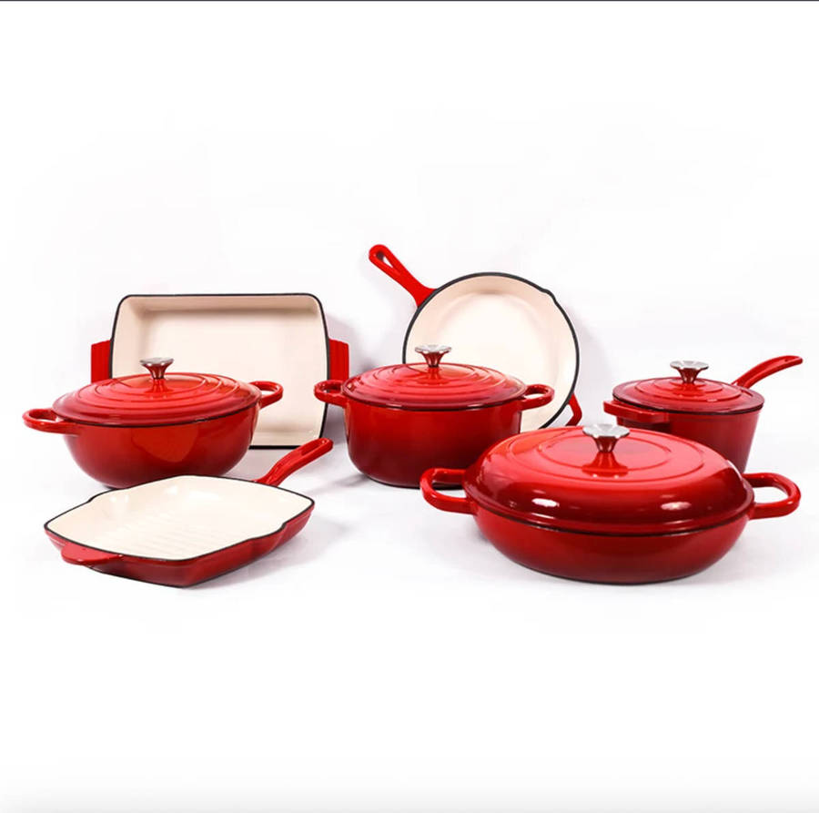 11 Piece Enameled Cast Iron Modern Non-Stick Cookware Set Red