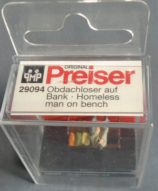 PREISER HO SCALE - HOMELESS MAN ON BENCH, BOXED