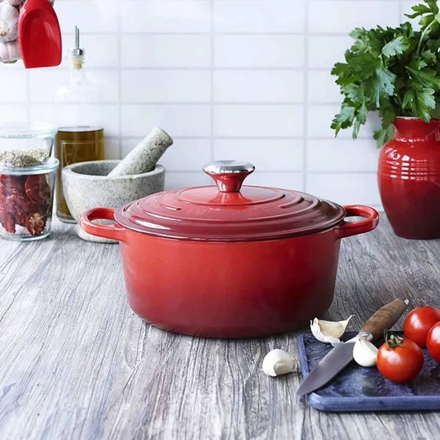 7 Piece Authentic Cast Iron Dutch Oven Cookware Pot Set - RED
