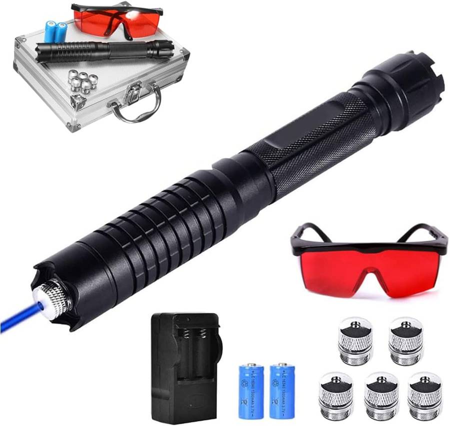 1500M High Power Blue Tactical Flashlight, LED Light, Battery Powered & Gift Carry Case