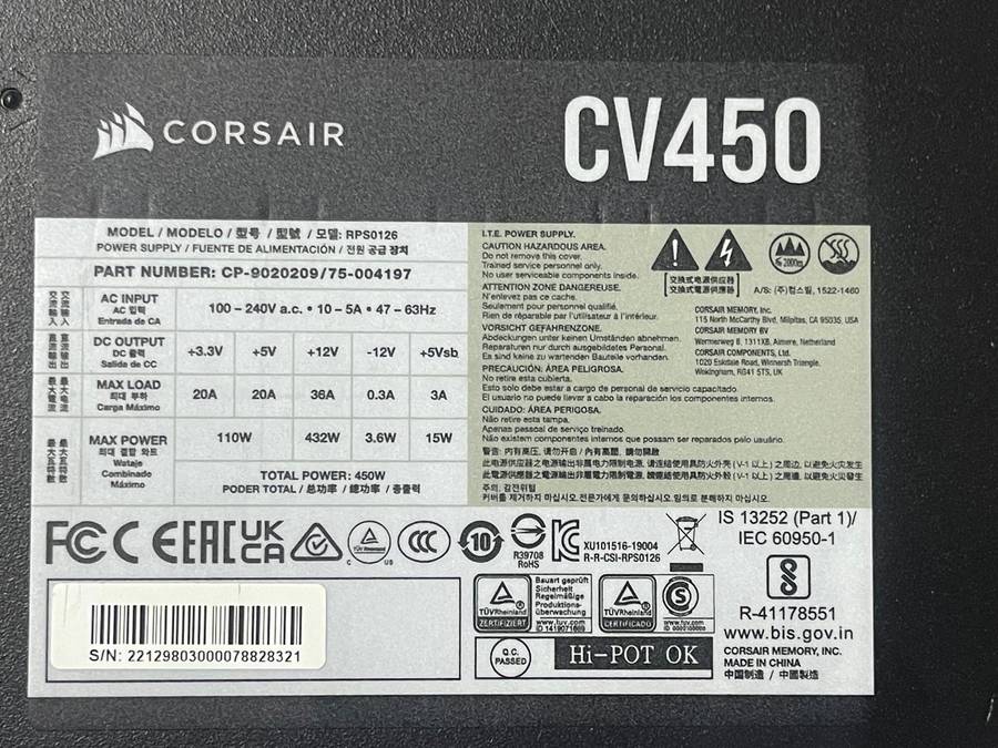 Corsair CV Series CV450  450 Watt 80 Plus® Bronze Certified PSU