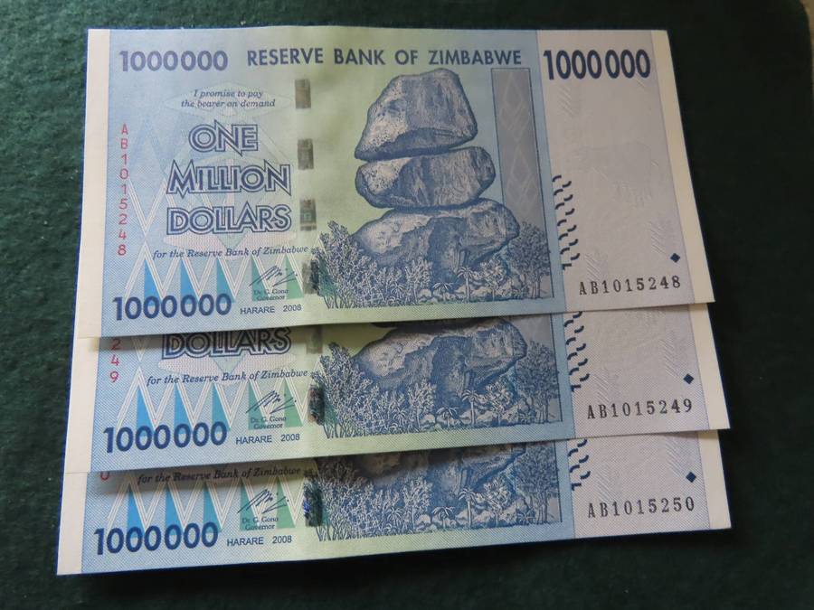 Zimbabwe - Reserve Bank of Zimbabwe - 3 x 2008 $1000000 Notes in Sequence UNC