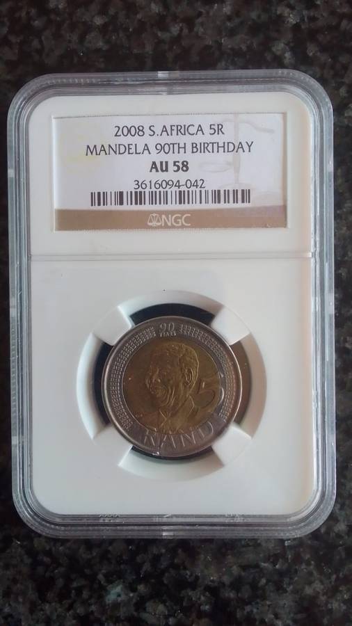 2008 Mandela 90th Birthday R5 coins graded AU58 coin