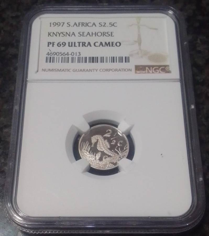 **A MUST-SEE COIN** - PF69 Ultra Cameo - 1997 South Africa 2½ Cent Knysna Seahorse Silver Coin.