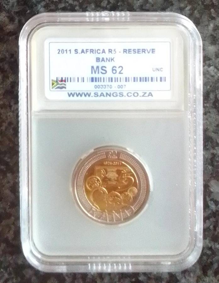 2011 South Africa 90th Anniversary of the Reserve Bank R5 Coin. Graded MS62