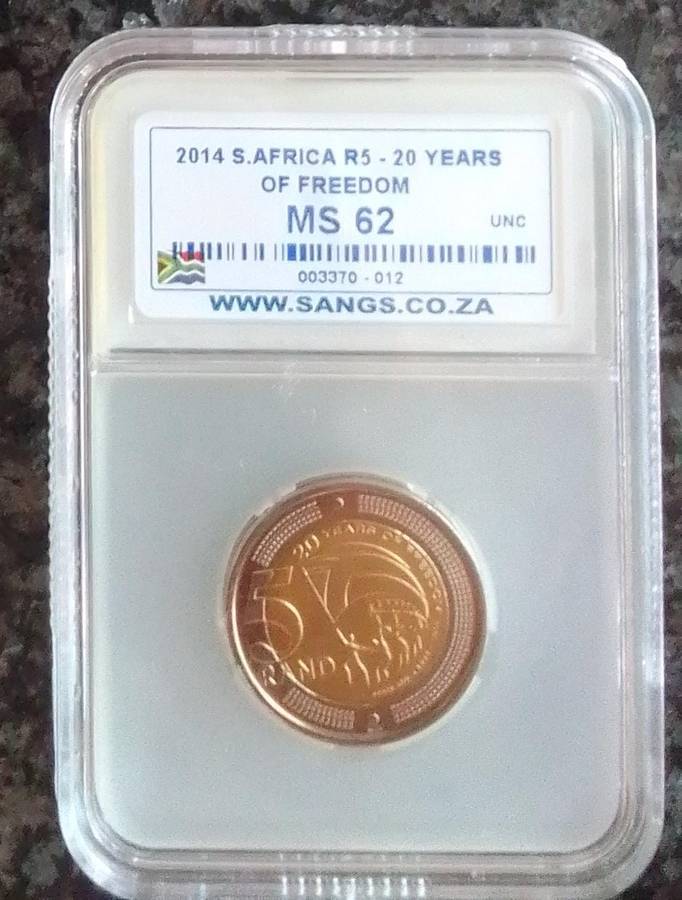 2014 South Africa 20 Years of Freedom R5 Coin - Graded MS62