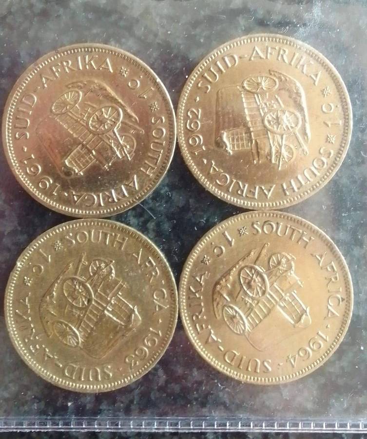 Very good condition coins, 1961, 1962, 1963, 1964 South Africa 1 Cent coins