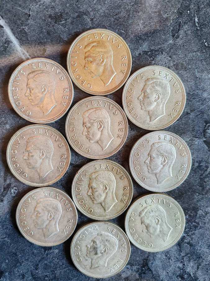 10 x South African 5 Shillings Silver Coins (1952)  50% Silver - LOT 2