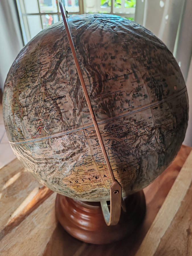 Vintage 12" Replogle World Ocean Series Globe  Brass Arm & Wooden Base