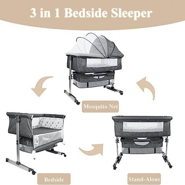 3 In 1 Bedside Baby Bassinet Sleeper Crib With Bed Nets-BLACK