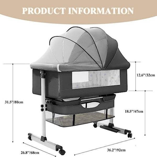 3 In 1 Bedside Baby Bassinet Sleeper Crib With Bed Nets-BLACK