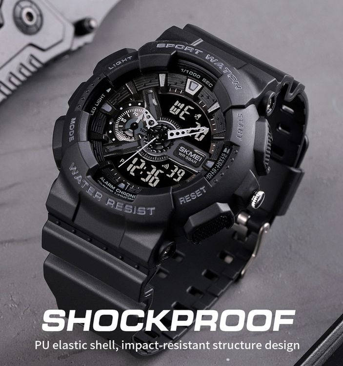 Mens Shock & Waterproof Duo Time Watch Alarm Stopwatch