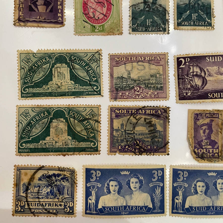 Lot of 33 Vintage Union of South Africa Stamps  Silver Wedding, Natal Settlers, 2/6 High Value + Mi