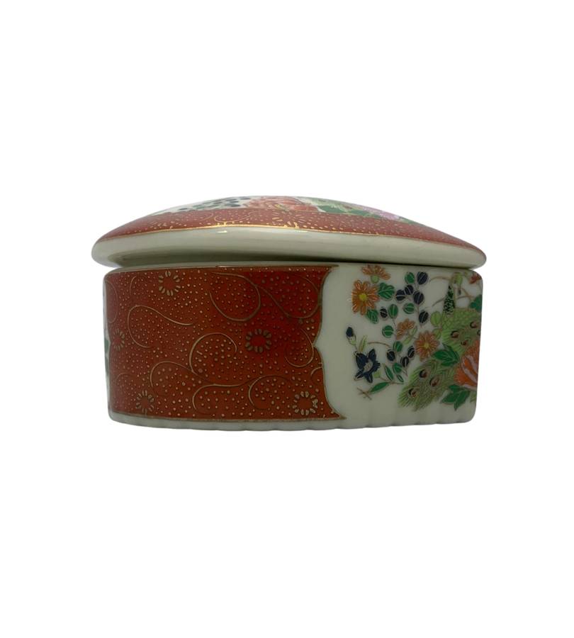 Vintage Satsuma Peacock Floral Heart-Shaped Trinket Box - Red/Green/Gold - Japanese Export