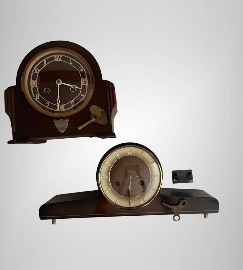 Lot of 2 Vintage Mantel Clocks  British 10-Day Striking (With Silver Plaque) & Hermle Art Deco  So