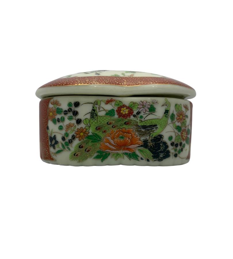 Vintage Satsuma Peacock Floral Heart-Shaped Trinket Box - Red/Green/Gold - Japanese Export