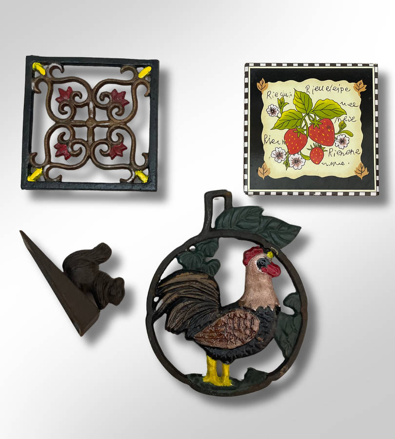 Rustic Farmhouse Kitchen Décor Set - Cast Iron Rooster Trivets, Ceramic Tile, and Squirrel Door Stop