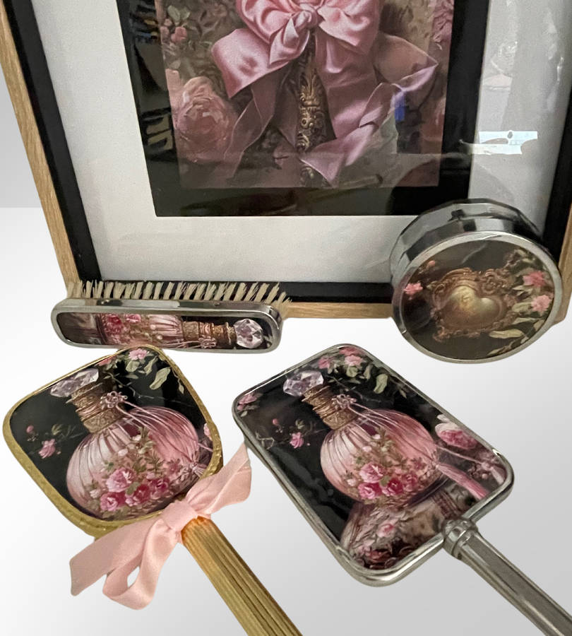 Restored Vintage Vanity Set - Hand Mirror, Brushes & Glass Jar with Black and Pink Coquette Décor