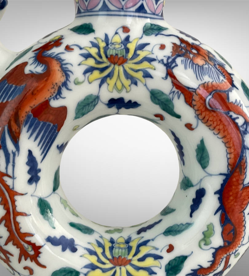 Hand-Painted Chinese Phoenix & Dragon Ring Teapot  Qing Style with Yongzheng Mark  24.5cm with Sta