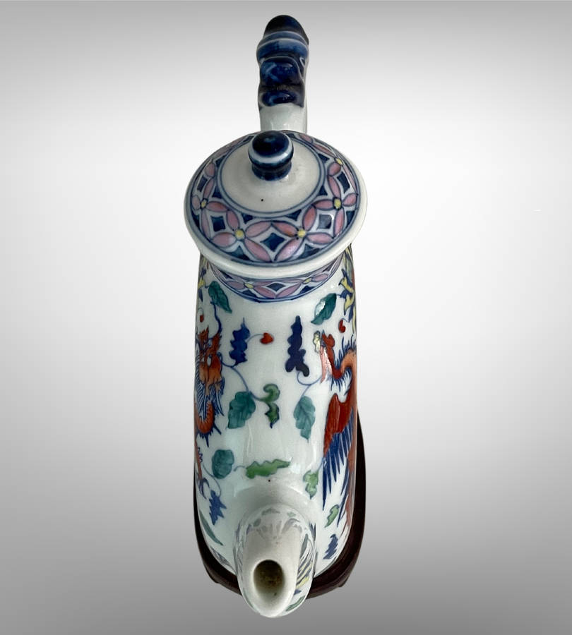 Hand-Painted Chinese Phoenix & Dragon Ring Teapot  Qing Style with Yongzheng Mark  24.5cm with Sta